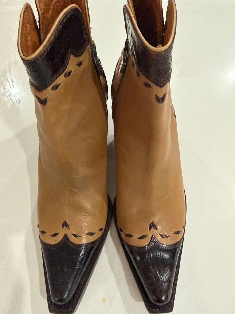 Donald J. Pliner Two-Tone Tan and Black Pointed Ankle Booties